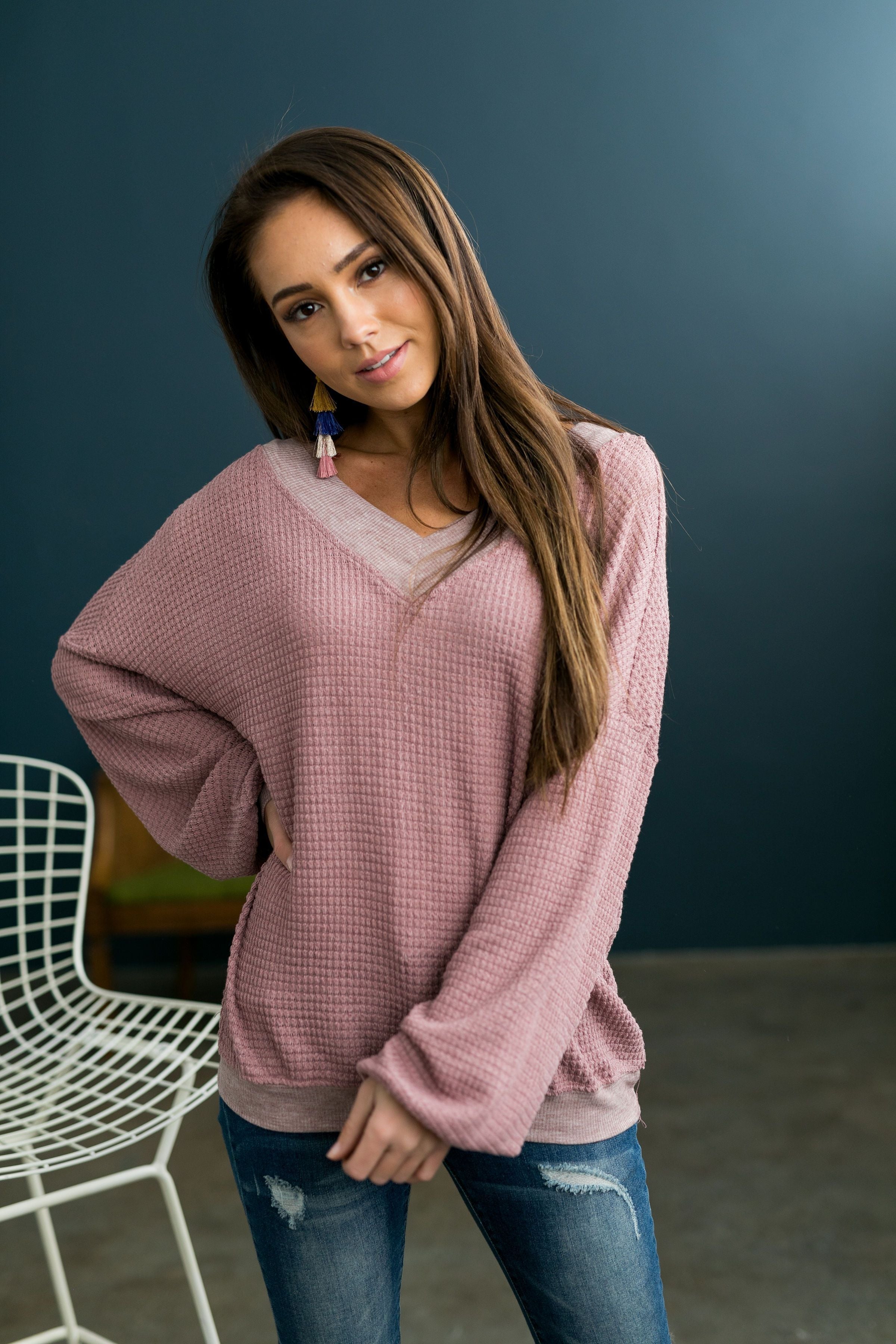 Double V Waffle Knit Top In Mauve - ALL SALES FINAL