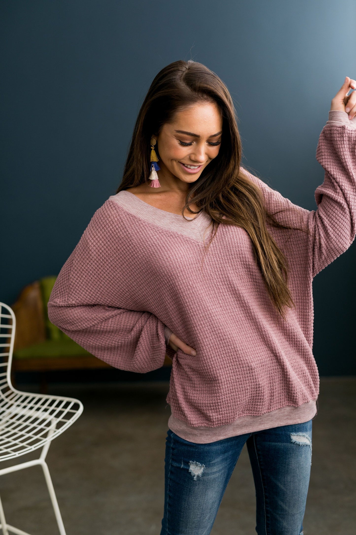 Double V Waffle Knit Top In Mauve - ALL SALES FINAL