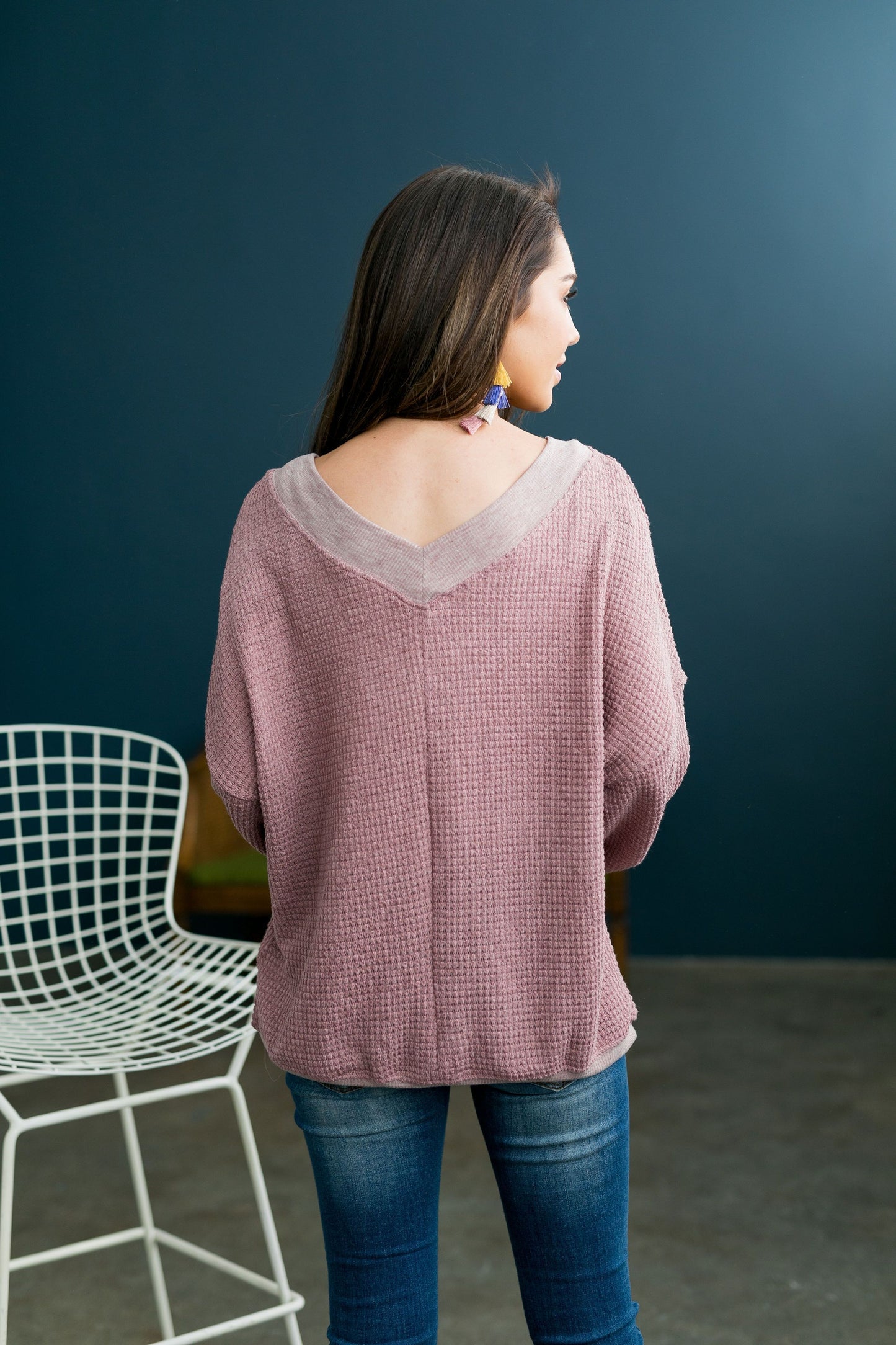 Double V Waffle Knit Top In Mauve - ALL SALES FINAL