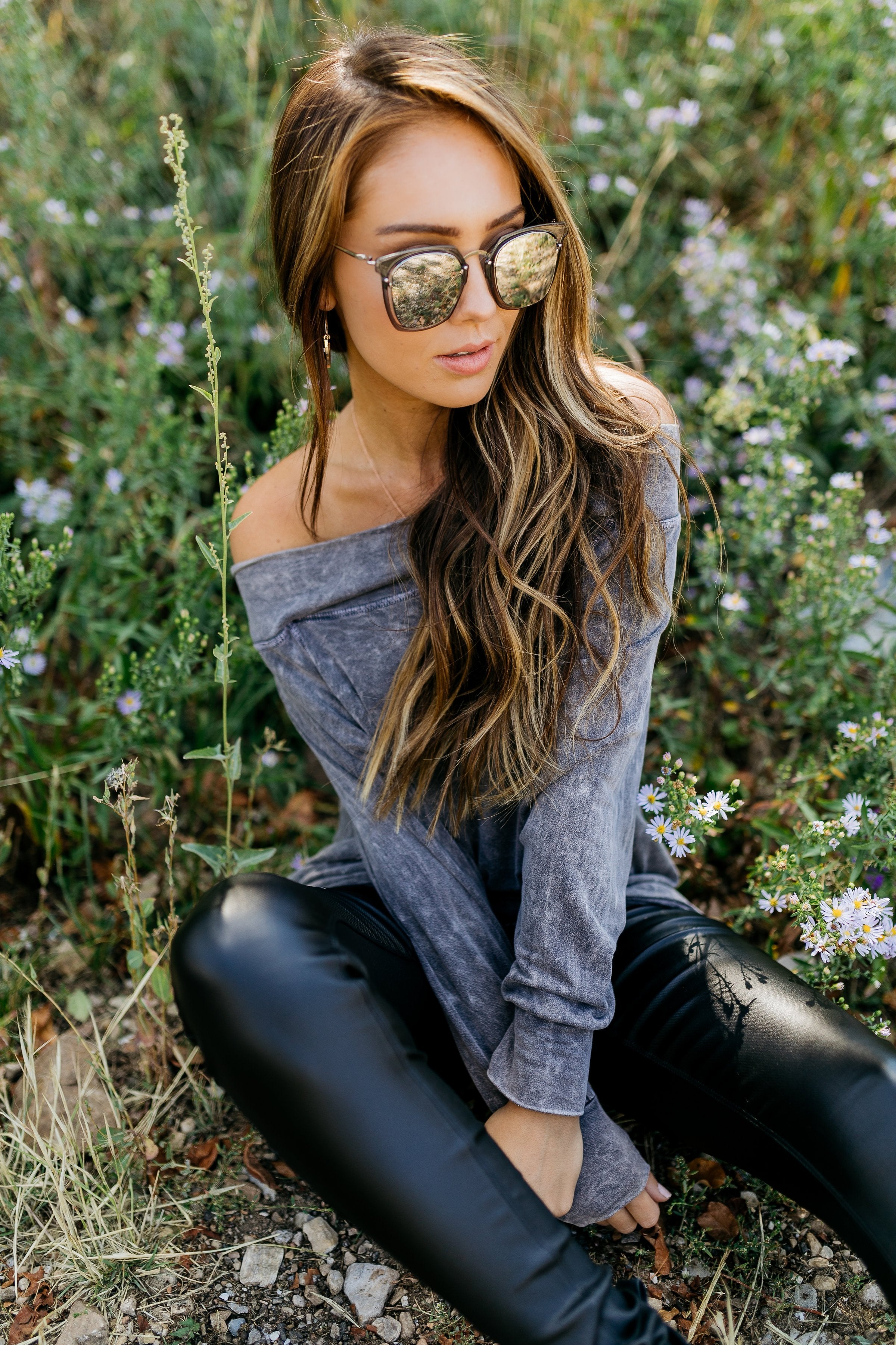 Down & Dirty Off The Shoulder Top In Charcoal - ALL SALES FINAL