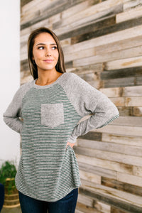 Elbows On The Table Raglan Tee In Olive And Gray - ALL SALES FINAL