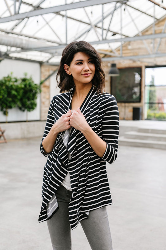 Escape To Nowhere Cardigan In Black w/ White Stripes