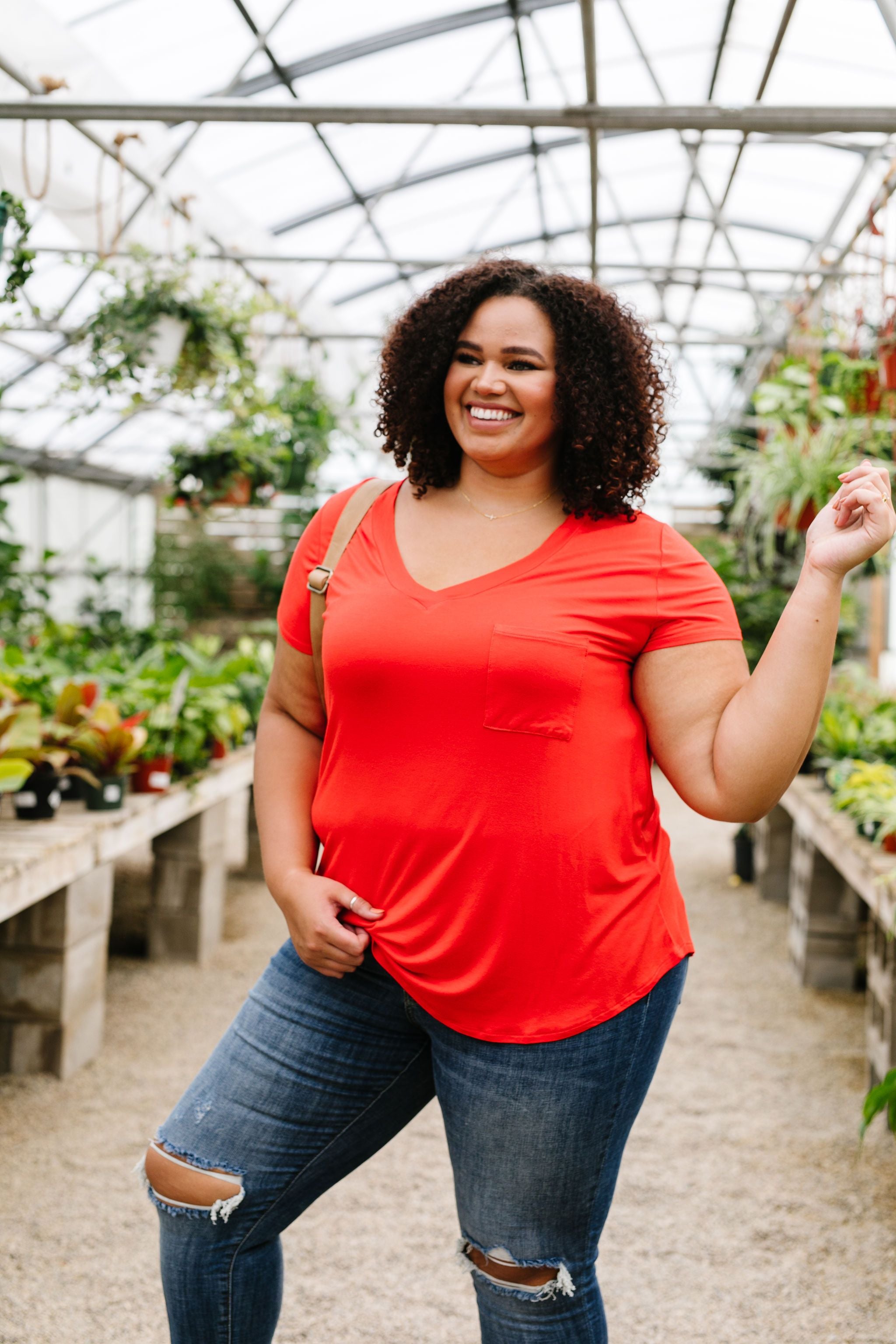 Everyday Yay V-Neck Tee In Red Orange