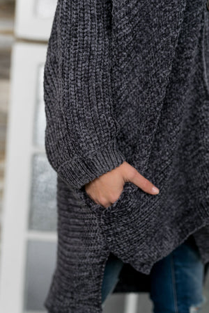 Faded Memories Chenille Cardigan In Charcoal - ALL SALES FINAL