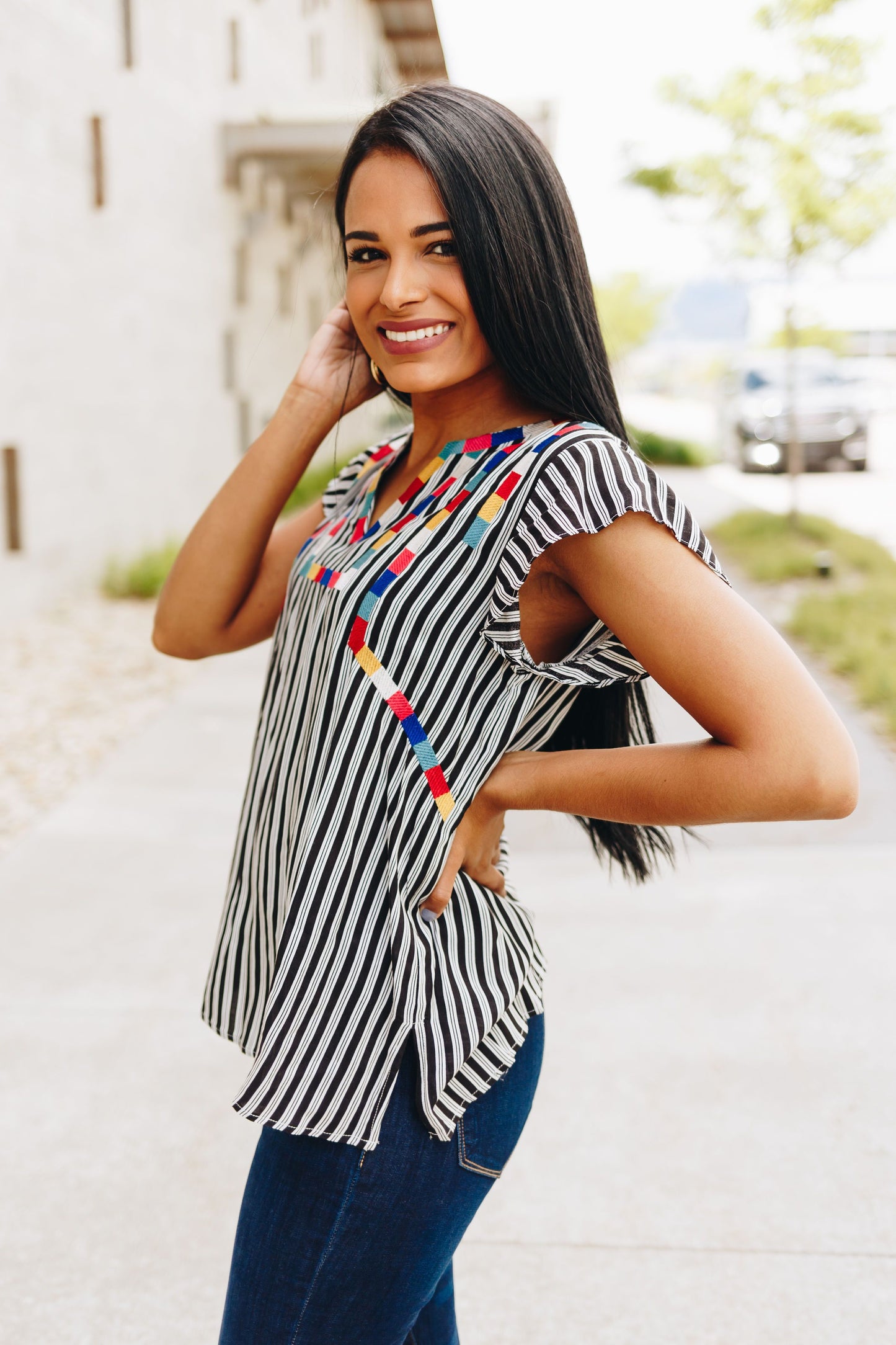 Fiesta Embroidered + Striped Blouse