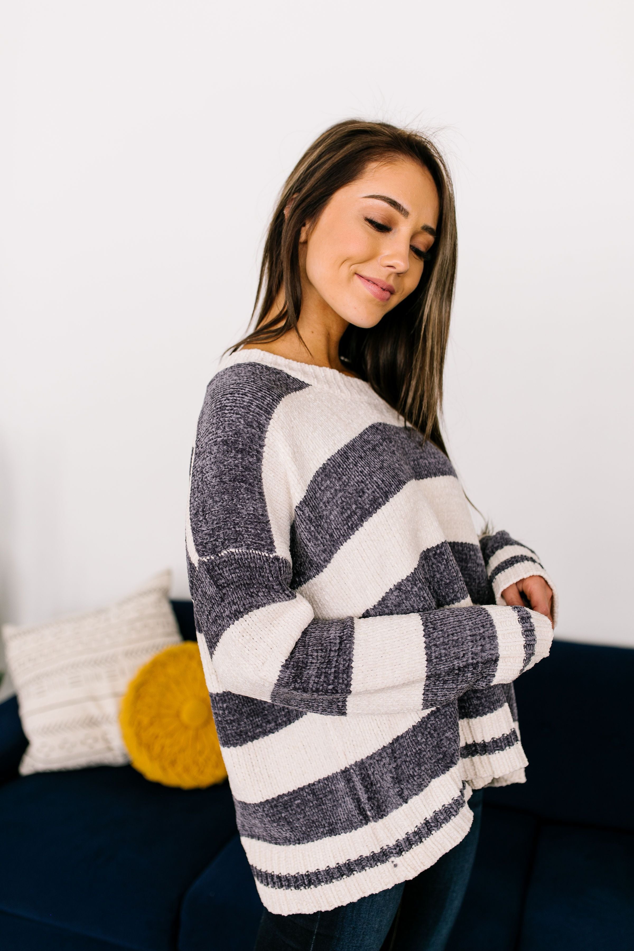 Flashback Friday Night Striped Sweater In Charcoal - ALL SALES FINAL