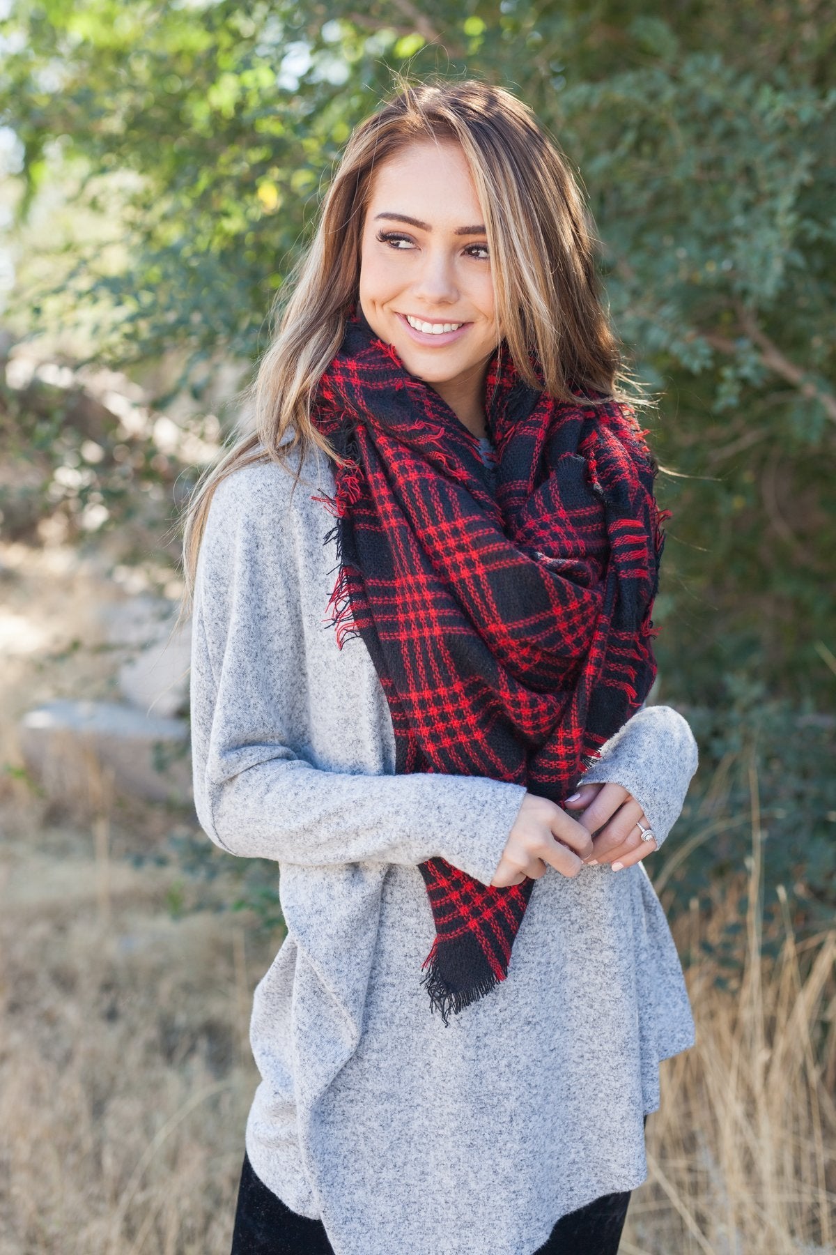 Frayed & Fringed Scarf In Red + Black