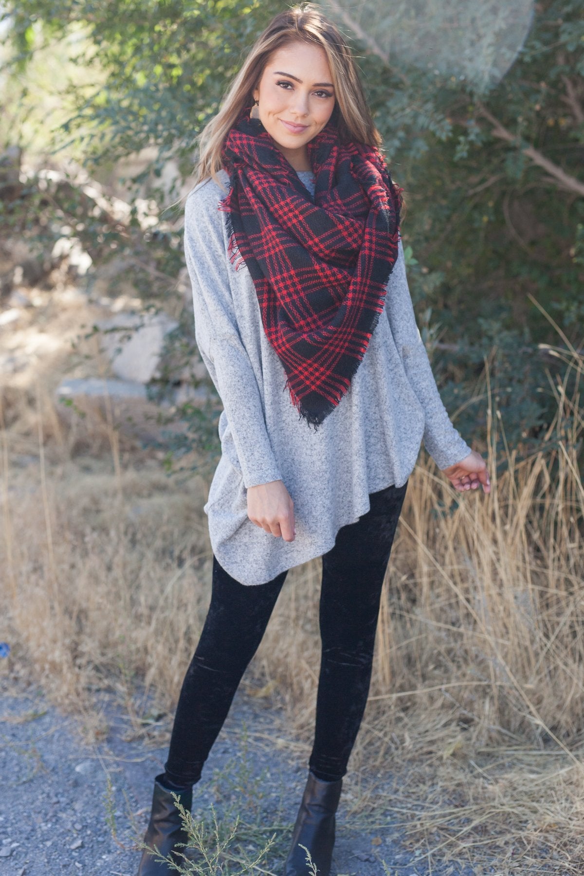 Frayed & Fringed Scarf In Red + Black