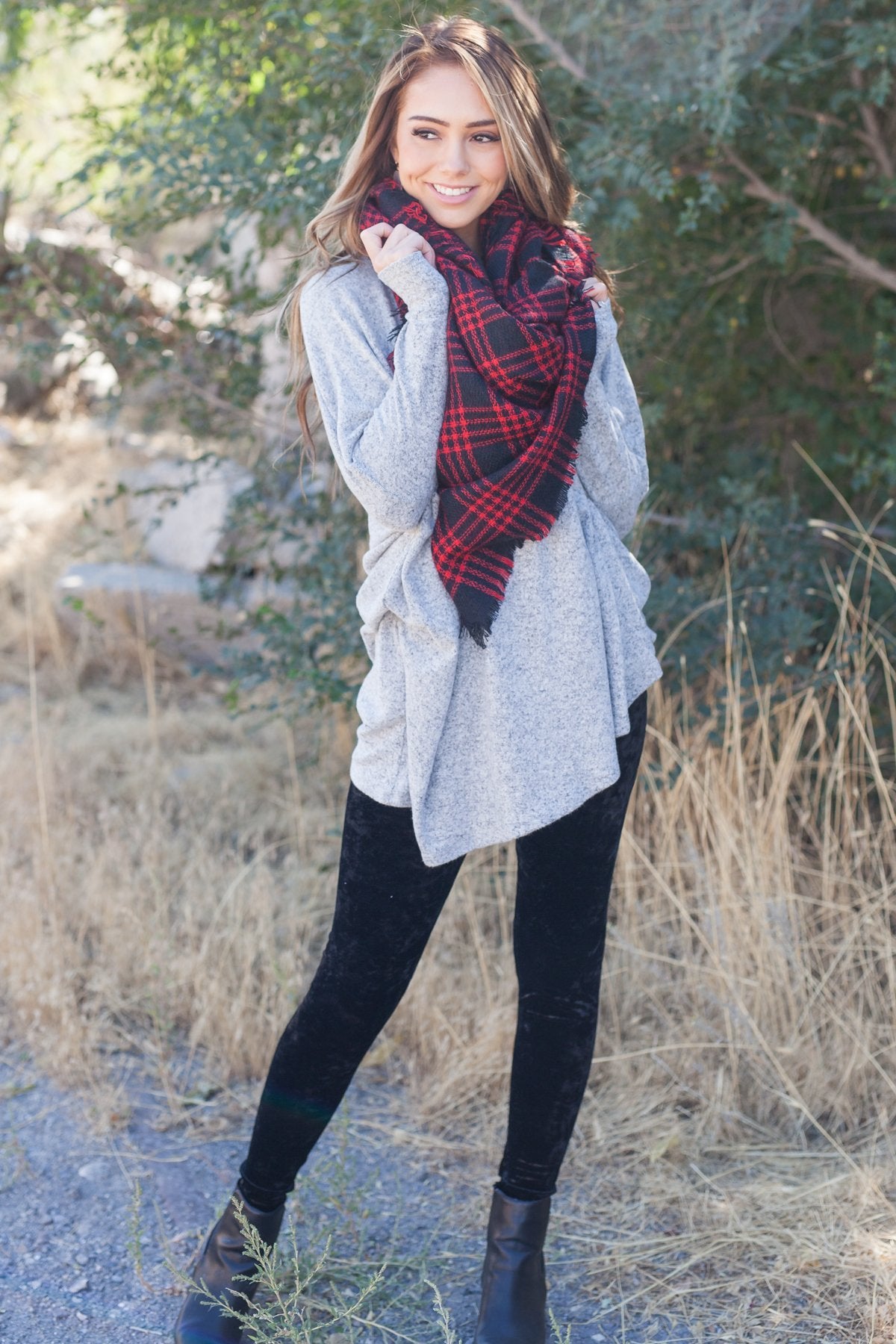 Frayed & Fringed Scarf In Red + Black