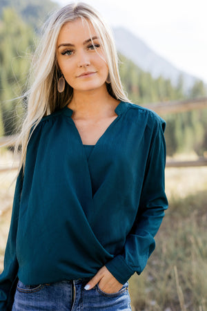 Hillary High Low Wrap Top In Hunter Green - ALL SALES FINAL