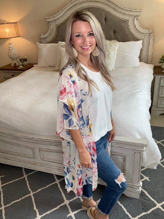Lightweight Floral Kimono In Ivory