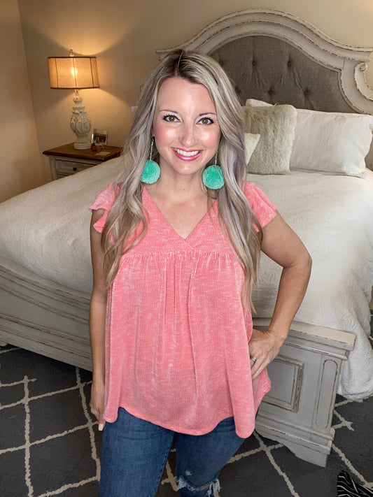 Ribbed Flutter Sleeve Top in Coral
