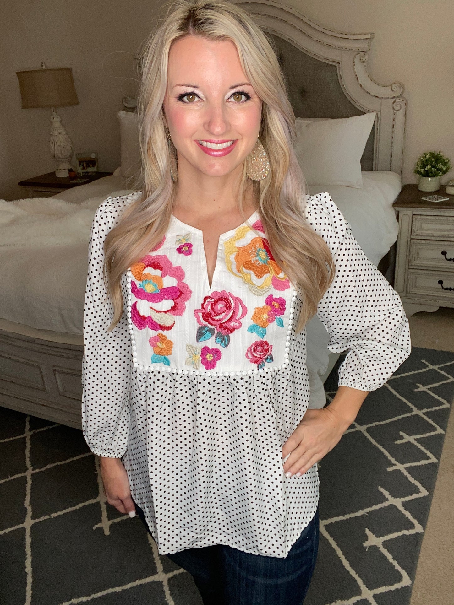 Embroidery and Dots Blouse in Ivory