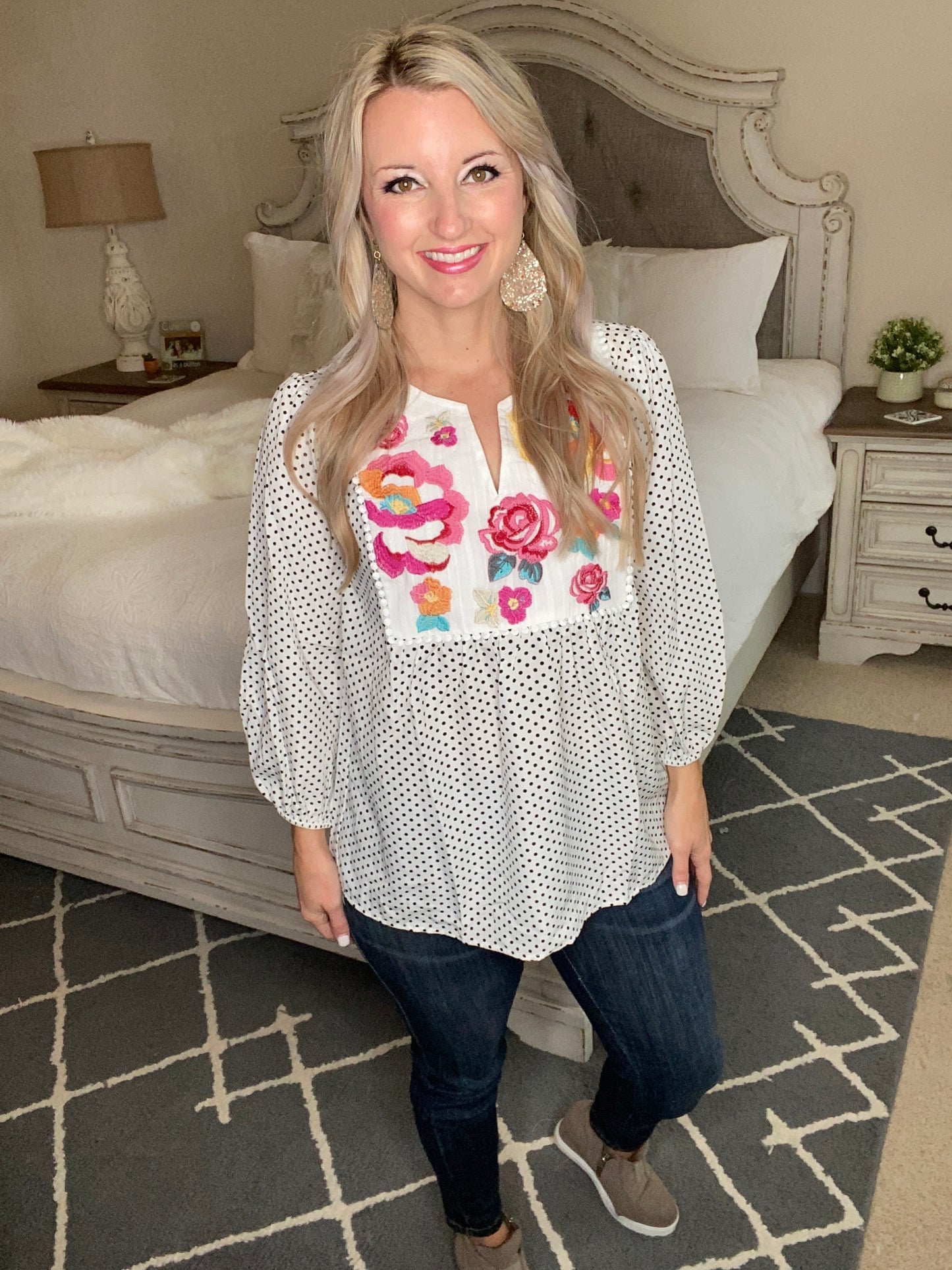 Embroidery and Dots Blouse in Ivory