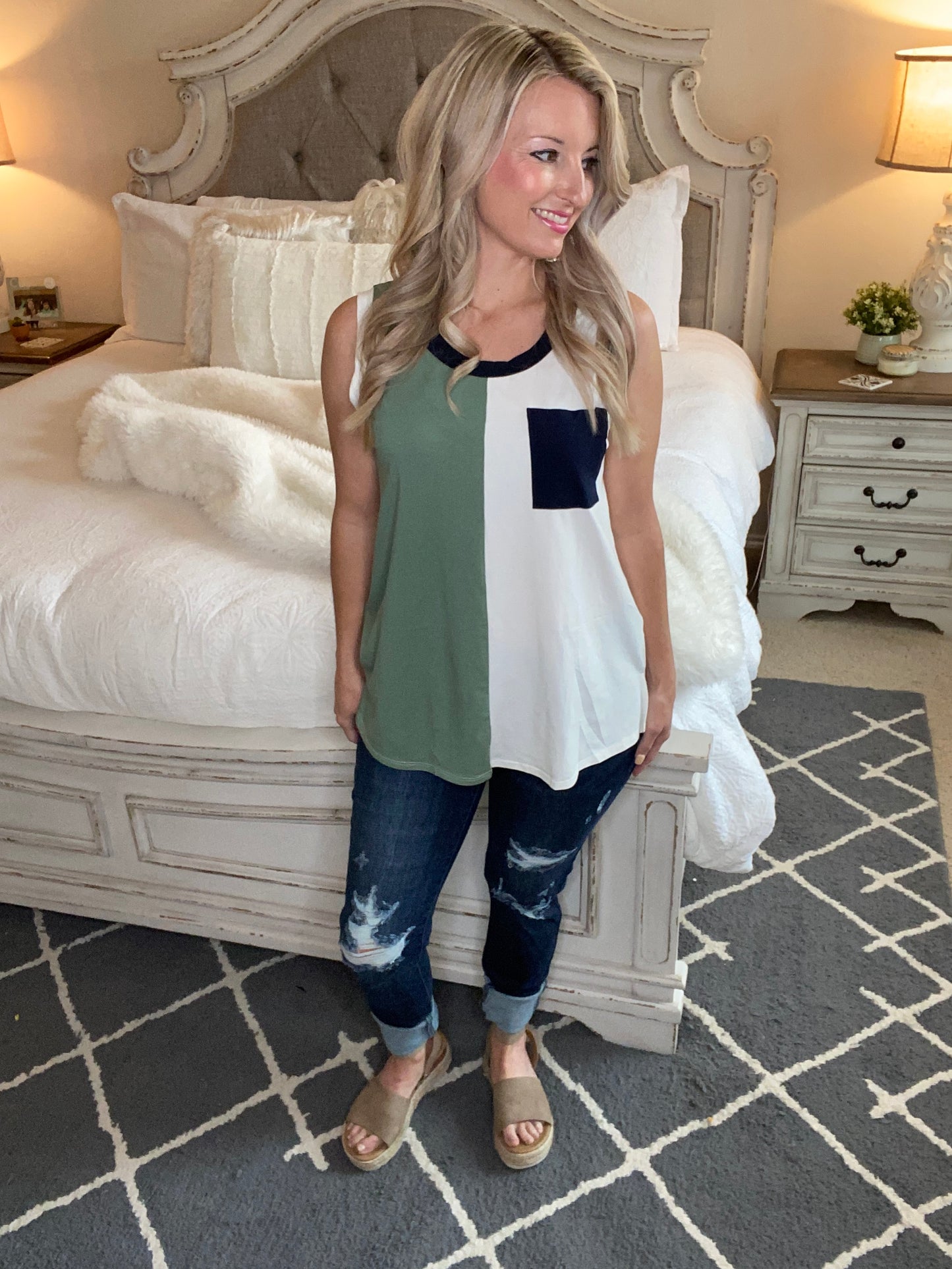 Half & Half Color Block Top In Harbor Mist