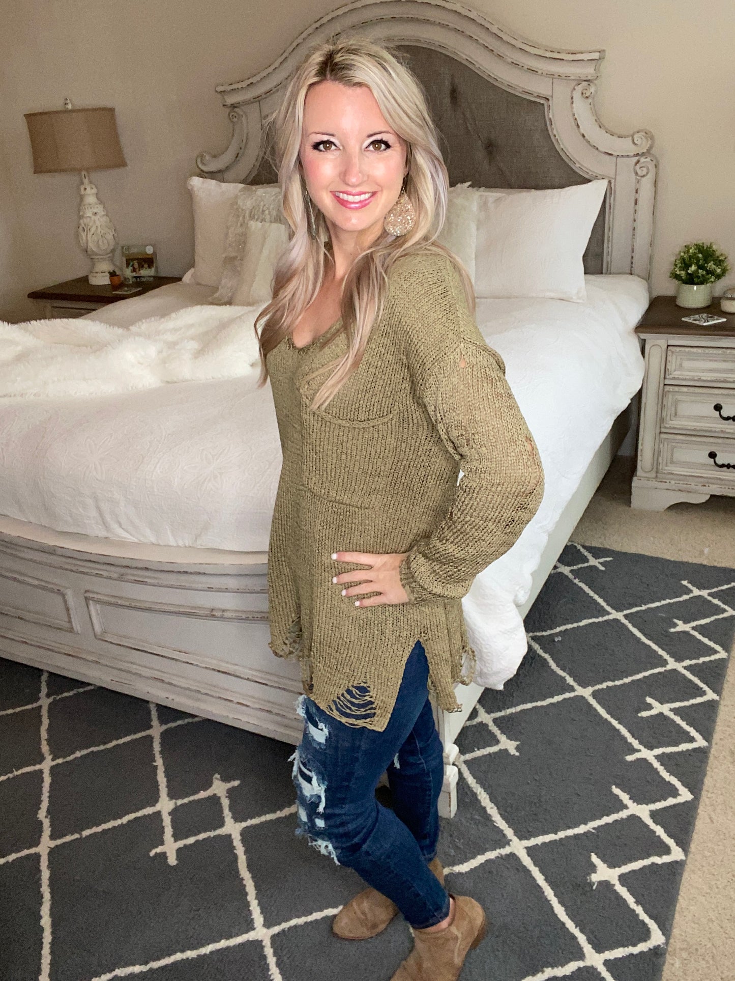 Distressed and Proud Sweater in Moss