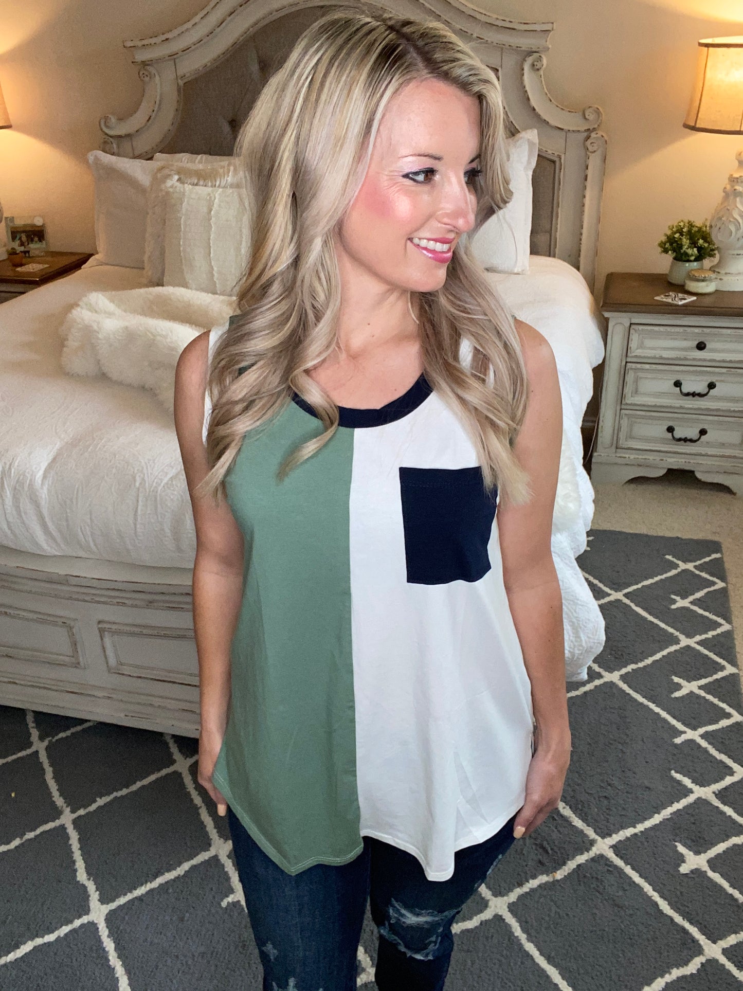 Half & Half Color Block Top In Harbor Mist