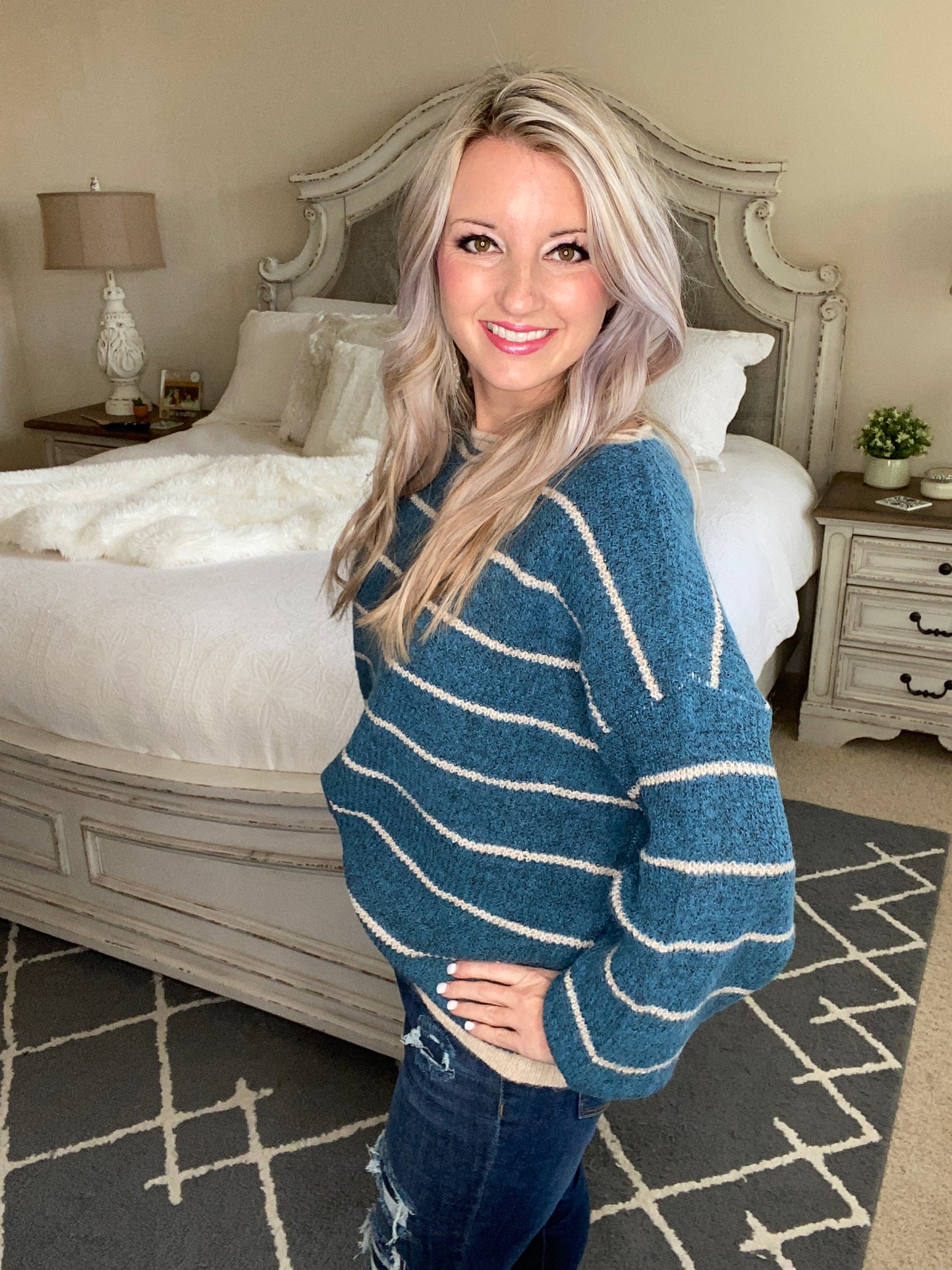 Ribbed and Striped Sweater in Teal