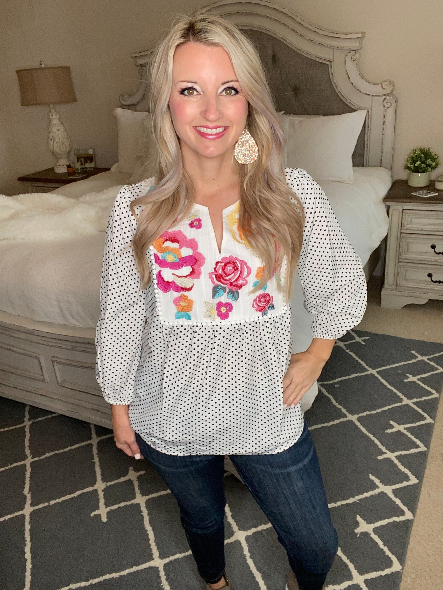 Embroidery and Dots Blouse in Ivory
