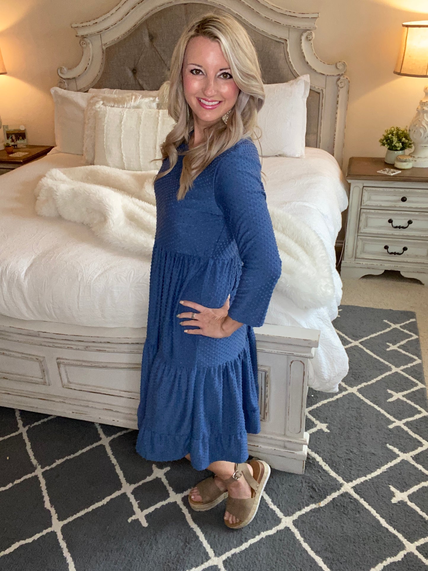 Sara Swiss Dot Dress in Slate Blue