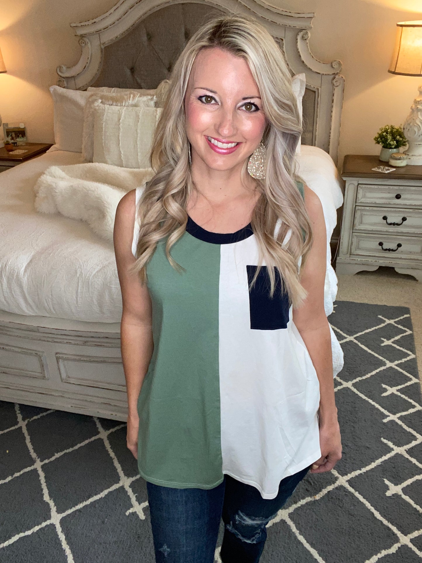 Half & Half Color Block Top In Harbor Mist