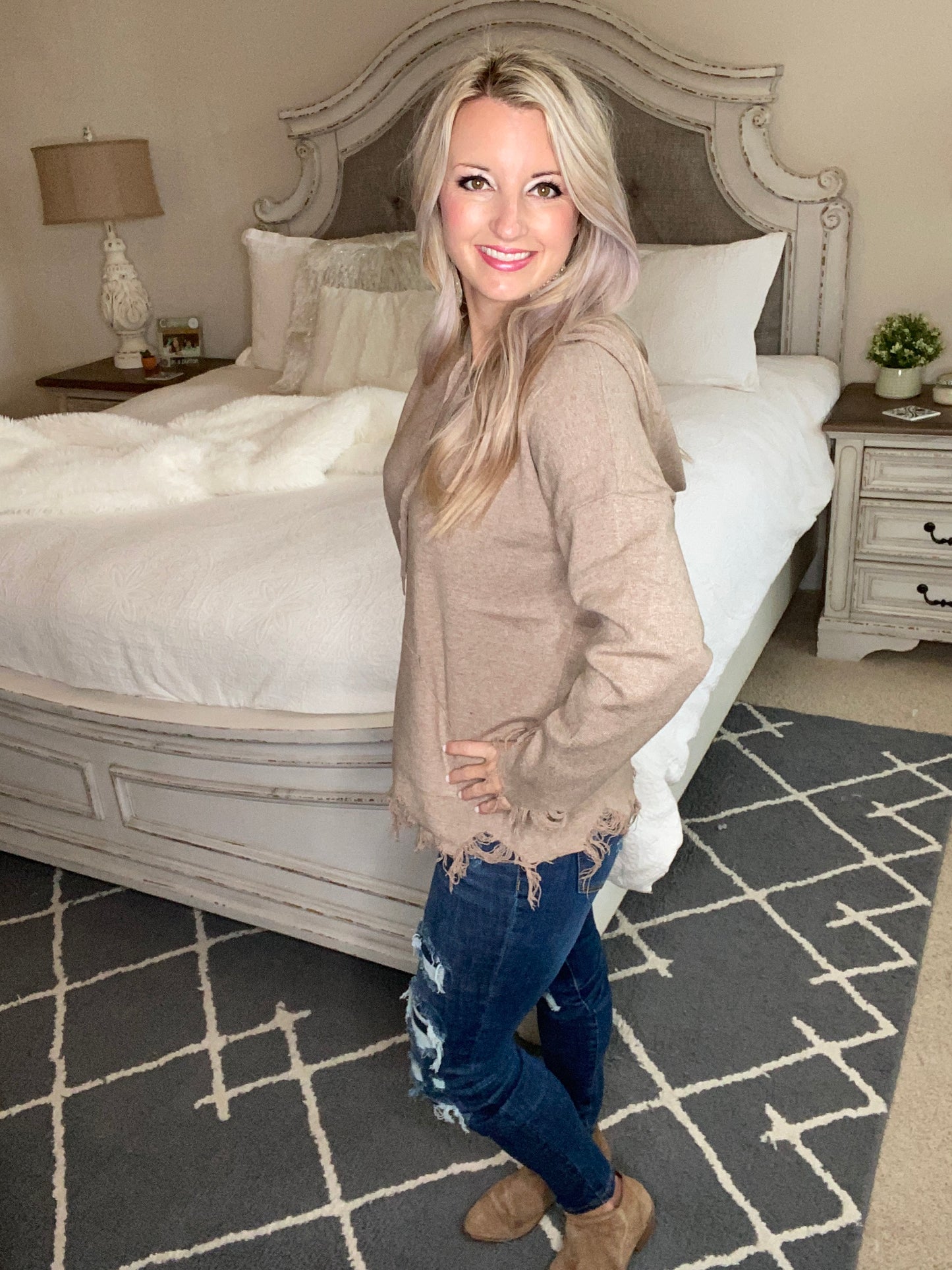 Frayed Edges Hoodie in Taupe
