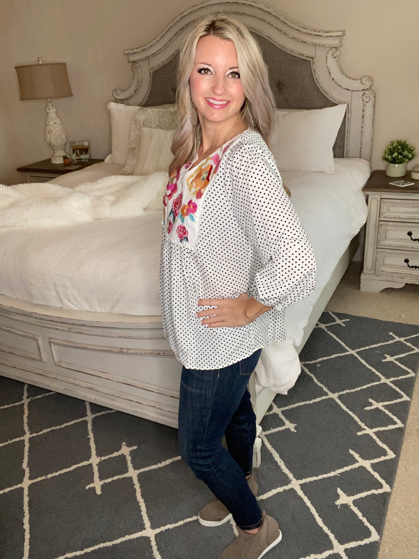 Embroidery and Dots Blouse in Ivory