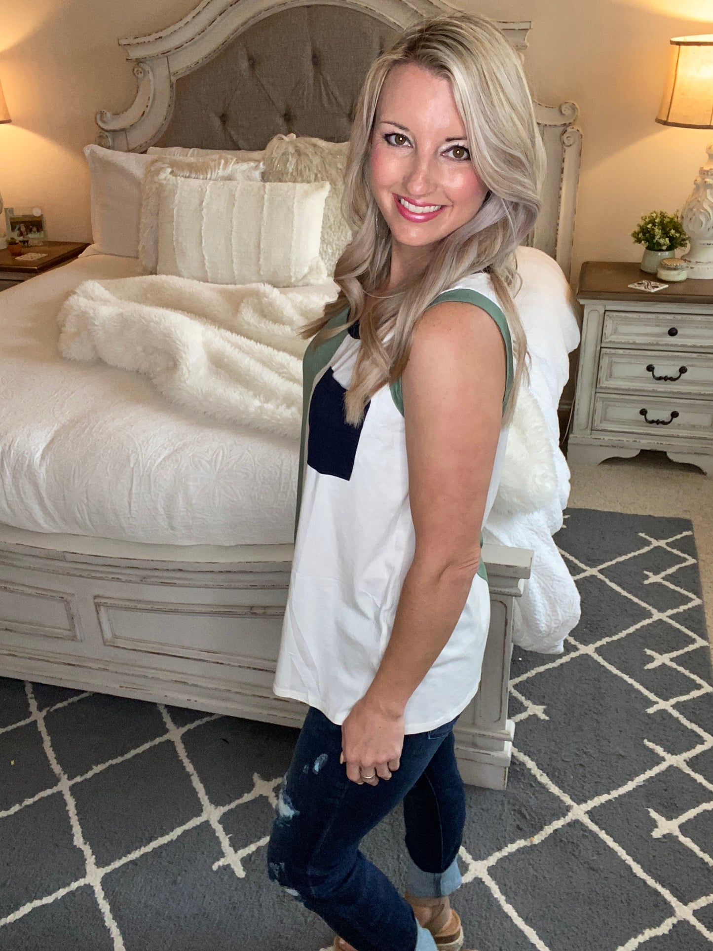 Half & Half Color Block Top In Harbor Mist