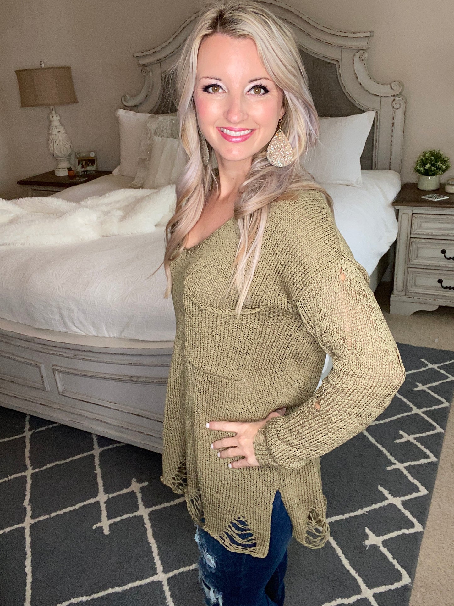 Distressed and Proud Sweater in Moss