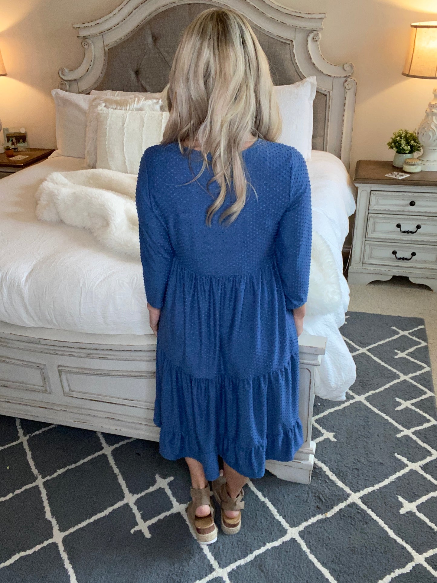 Sara Swiss Dot Dress in Slate Blue