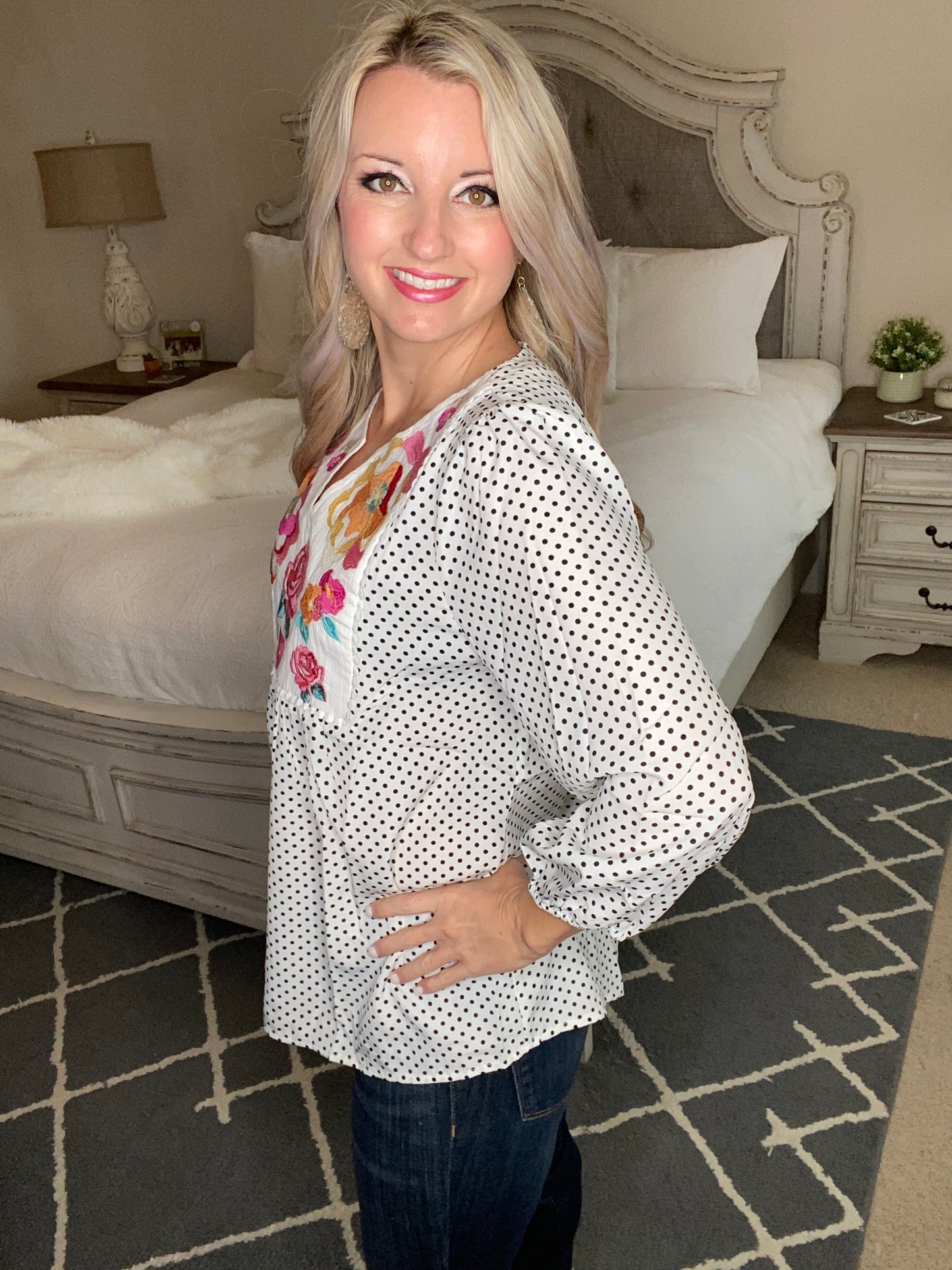 Embroidery and Dots Blouse in Ivory