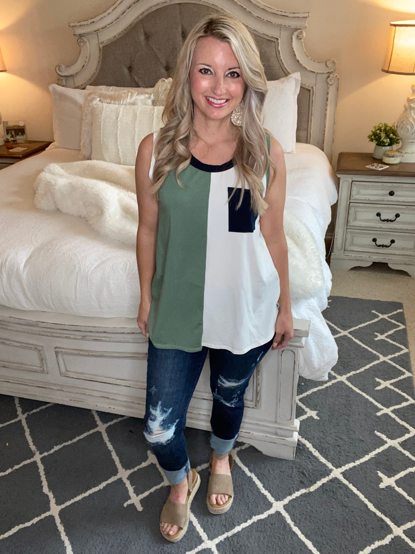 Half & Half Color Block Top In Harbor Mist