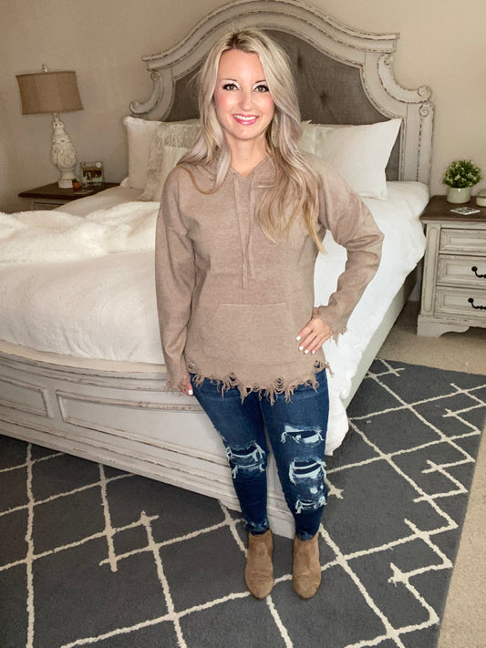 Frayed Edges Hoodie in Taupe