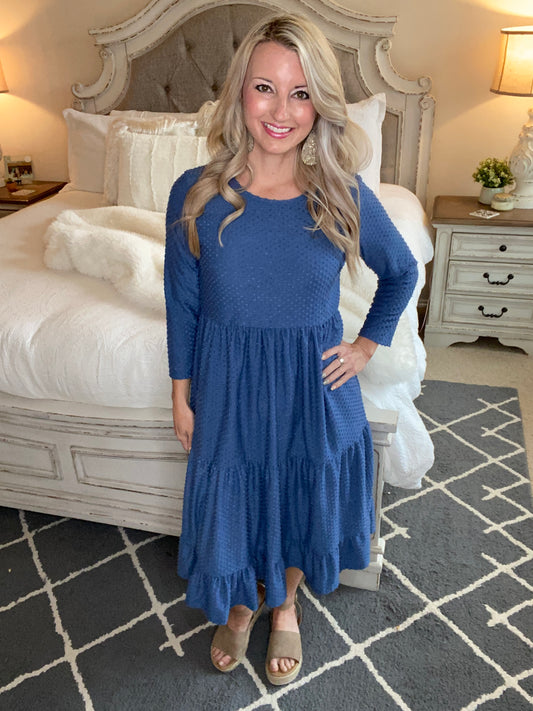 Sara Swiss Dot Dress in Slate Blue
