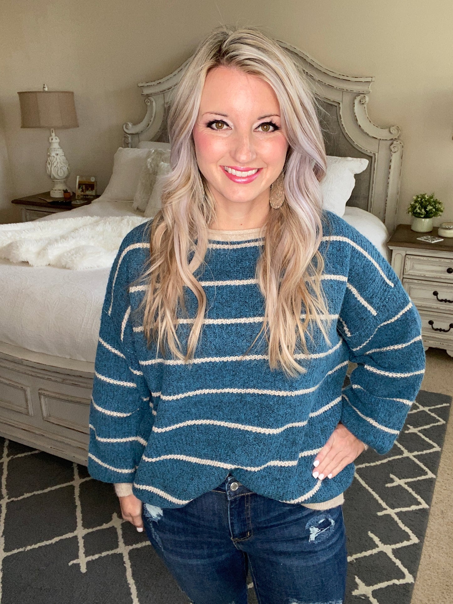 Ribbed and Striped Sweater in Teal
