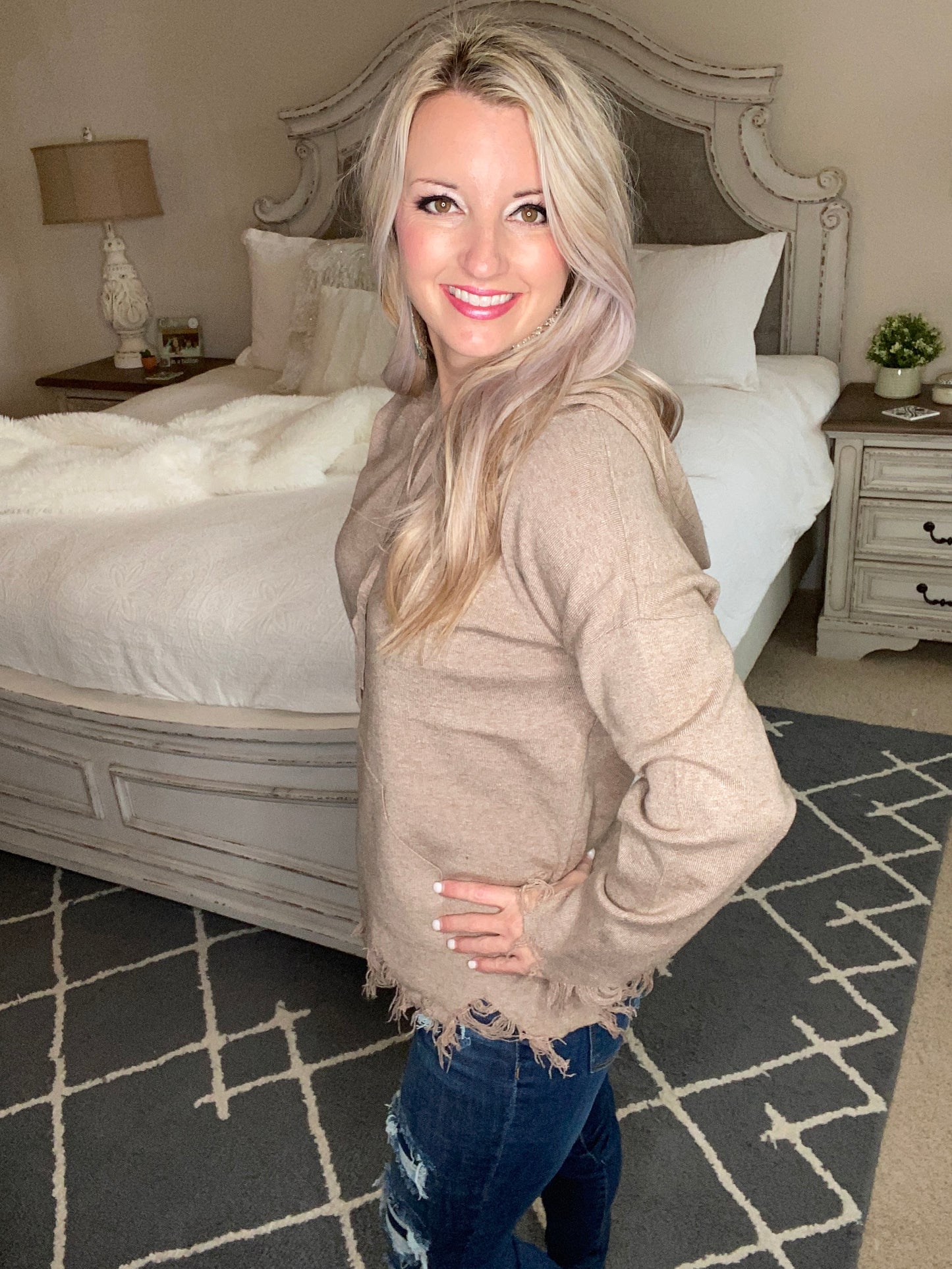 Frayed Edges Hoodie in Taupe