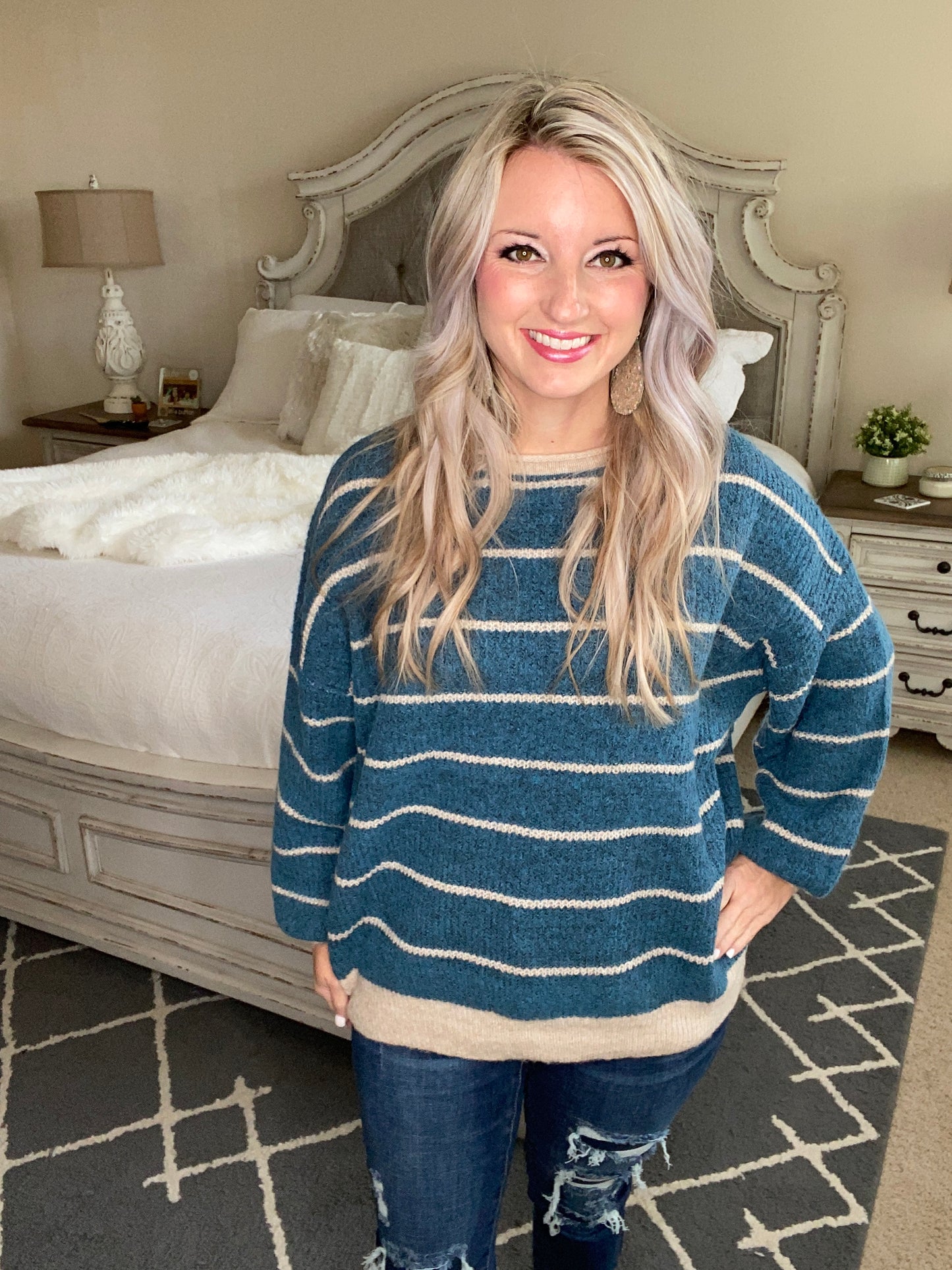Ribbed and Striped Sweater in Teal