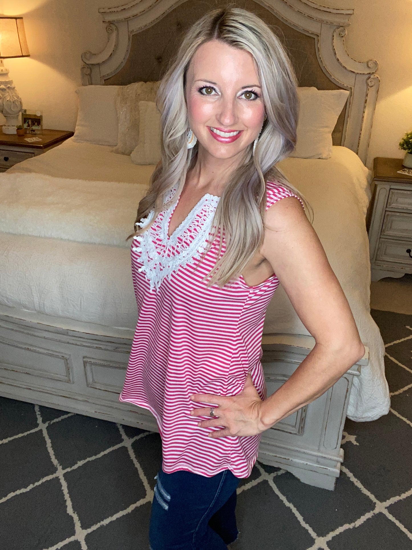 Stripes N Lace Top In Pink