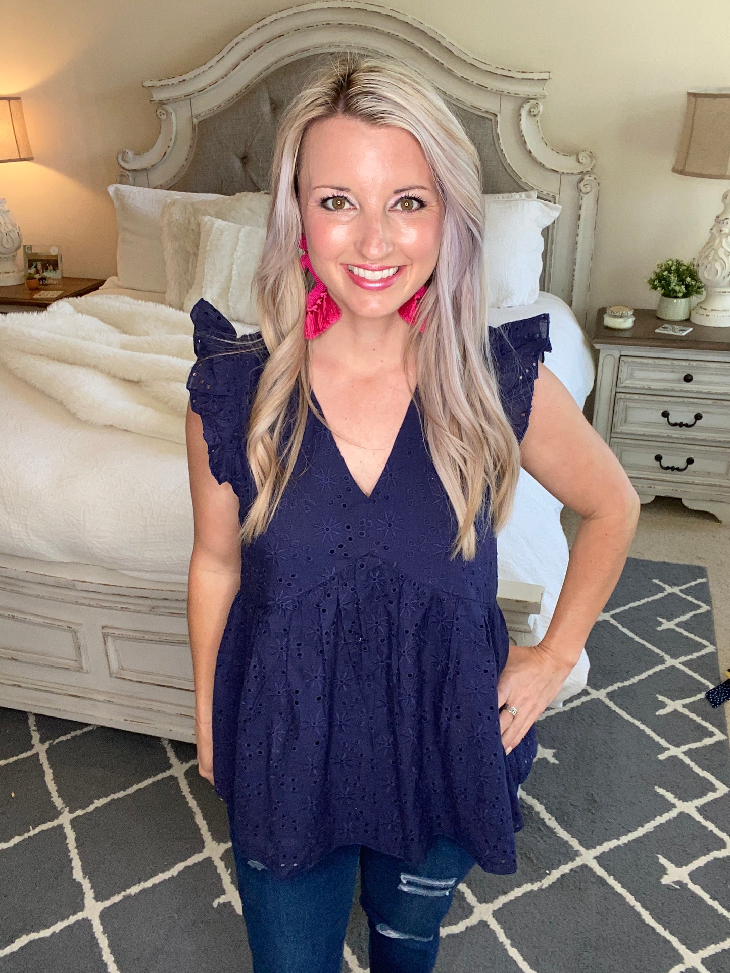 Lucy Eyelets Top in Navy
