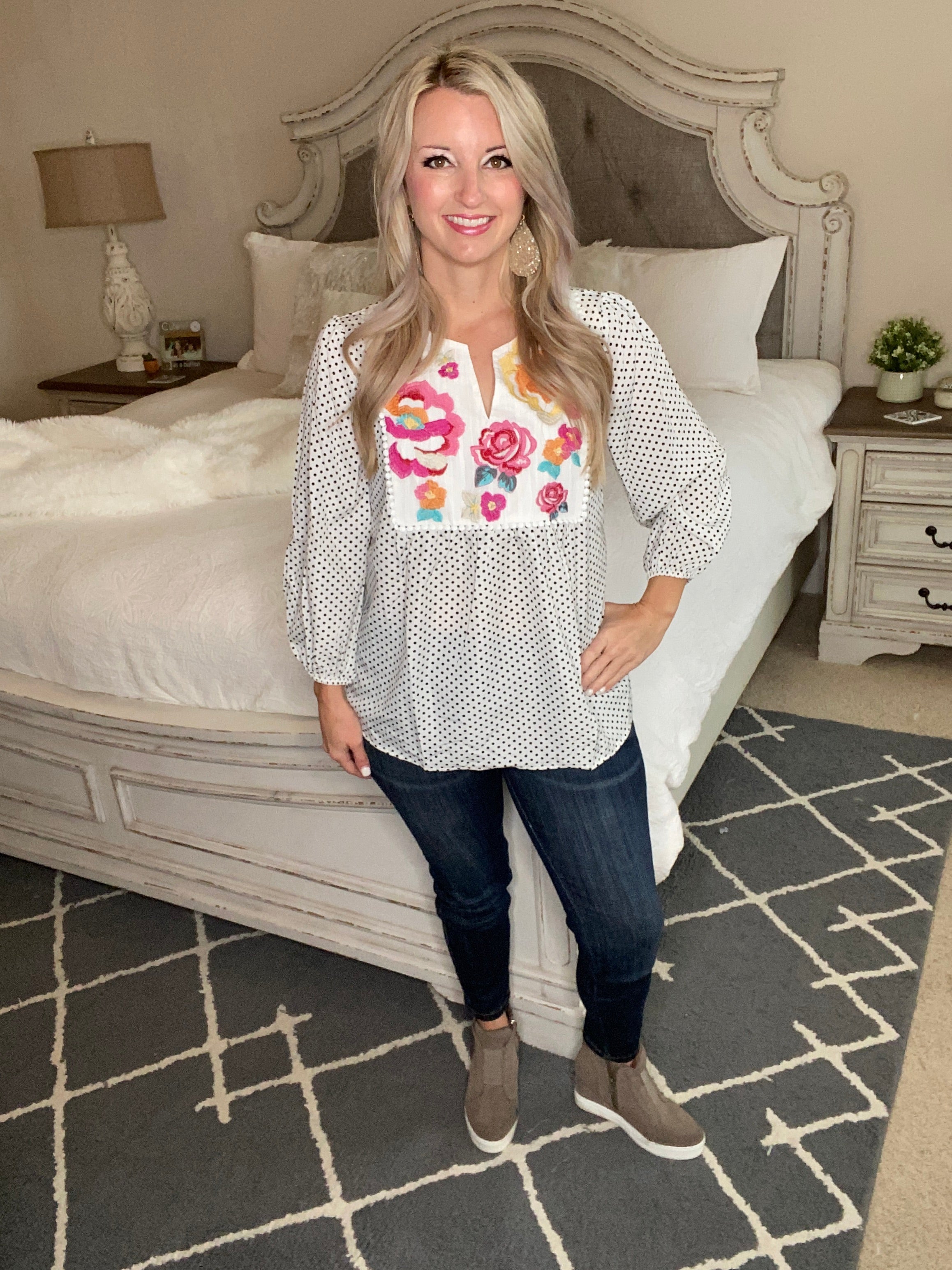 Embroidery and Dots Blouse in Ivory