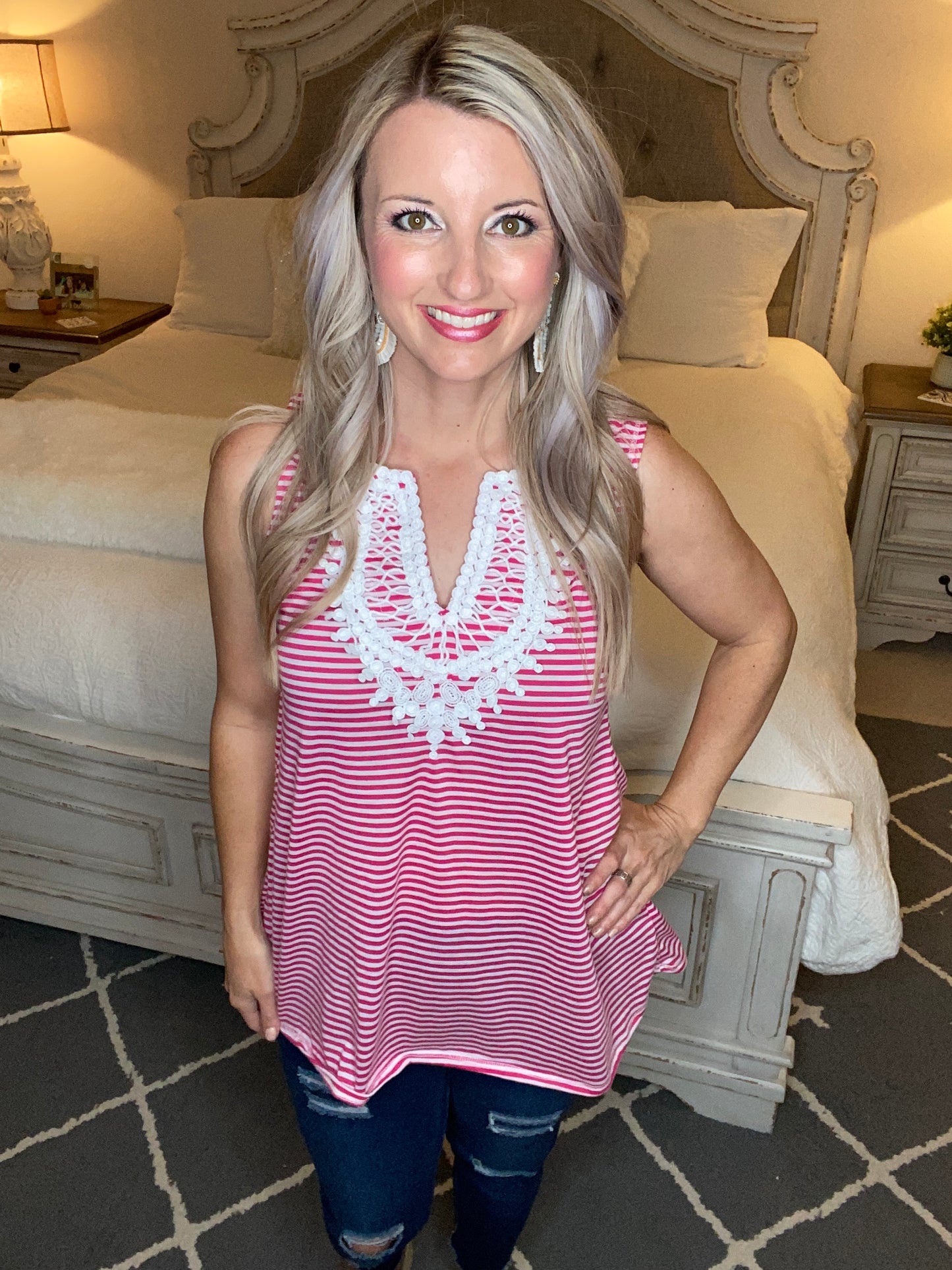 Stripes N Lace Top In Pink