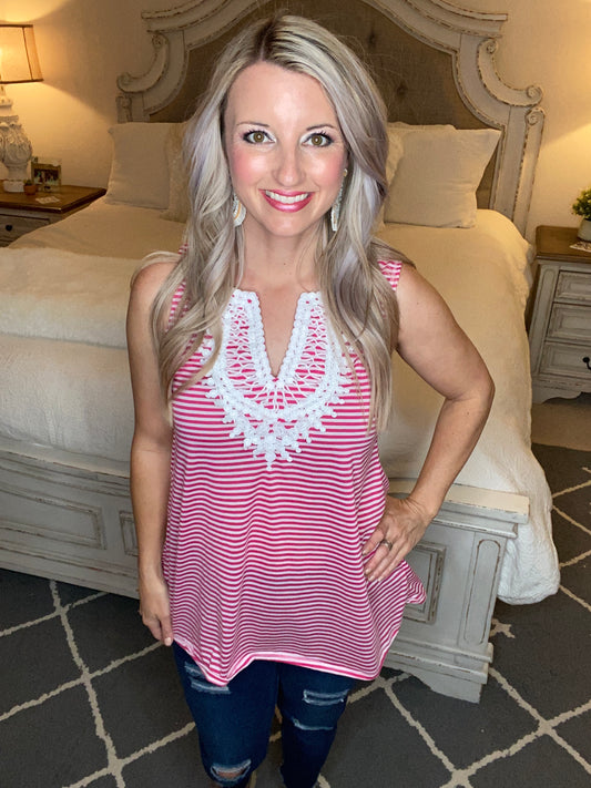 Stripes N Lace Top In Pink