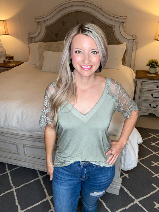 A Little Bit of Lace Top In Sage