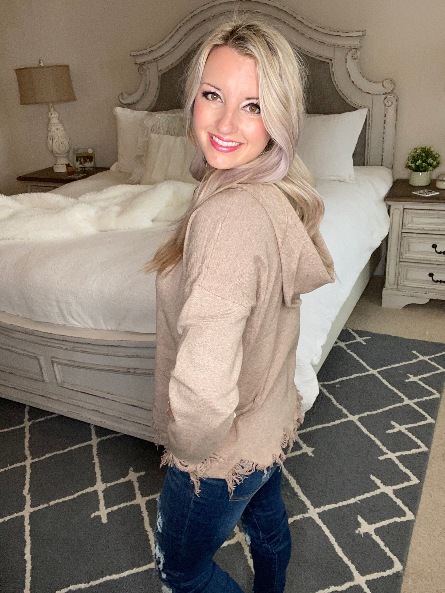Frayed Edges Hoodie in Taupe