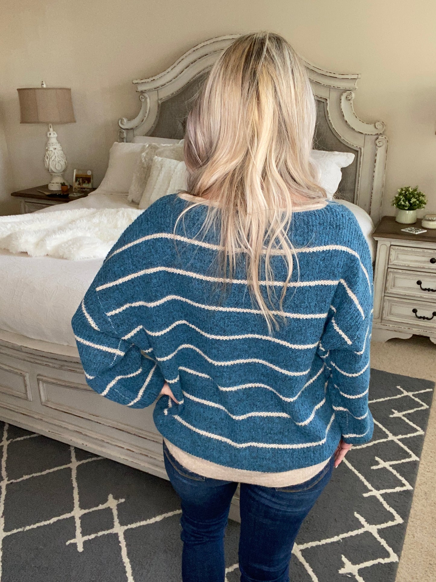 Ribbed and Striped Sweater in Teal