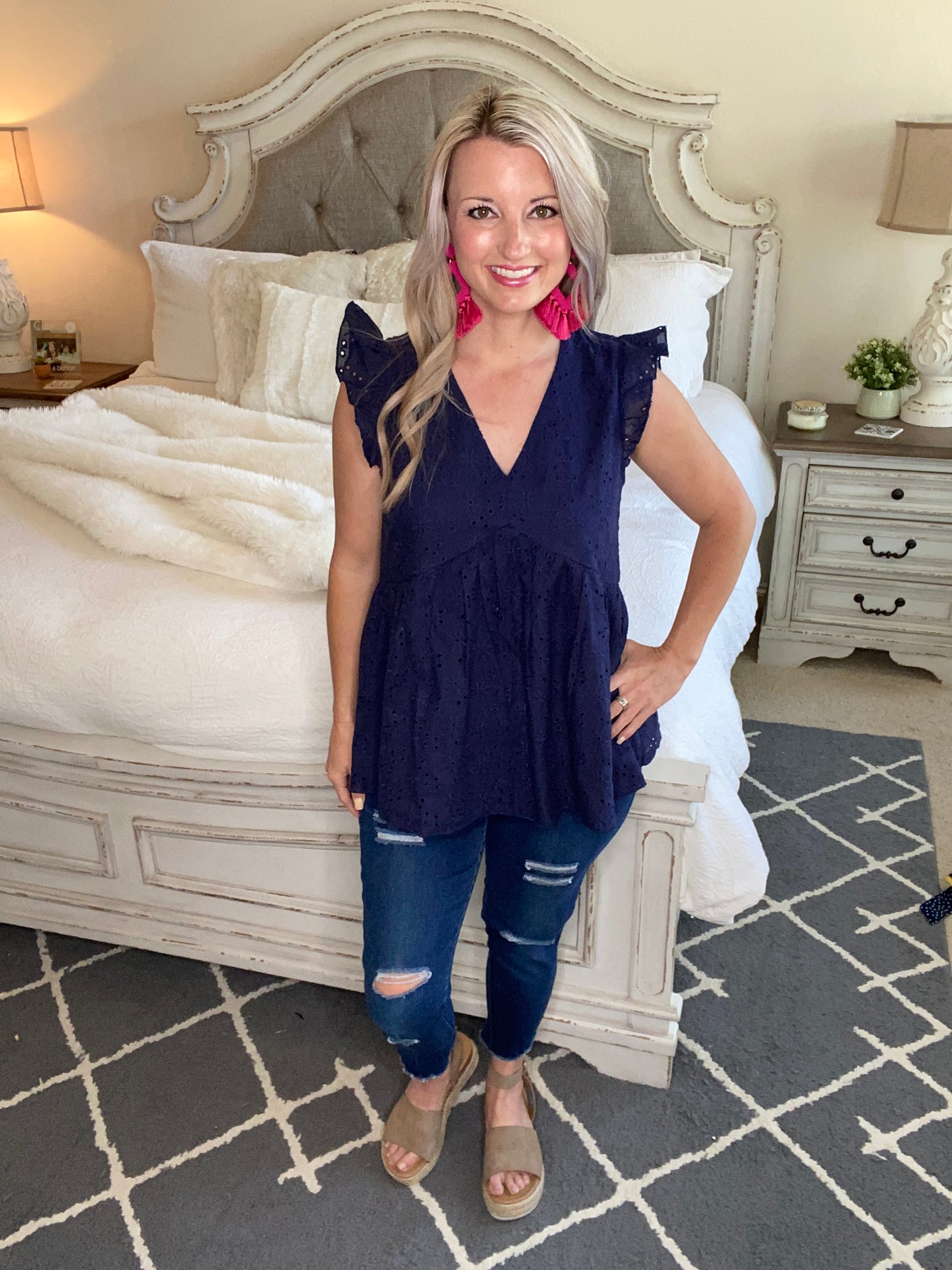 Lucy Eyelets Top in Navy