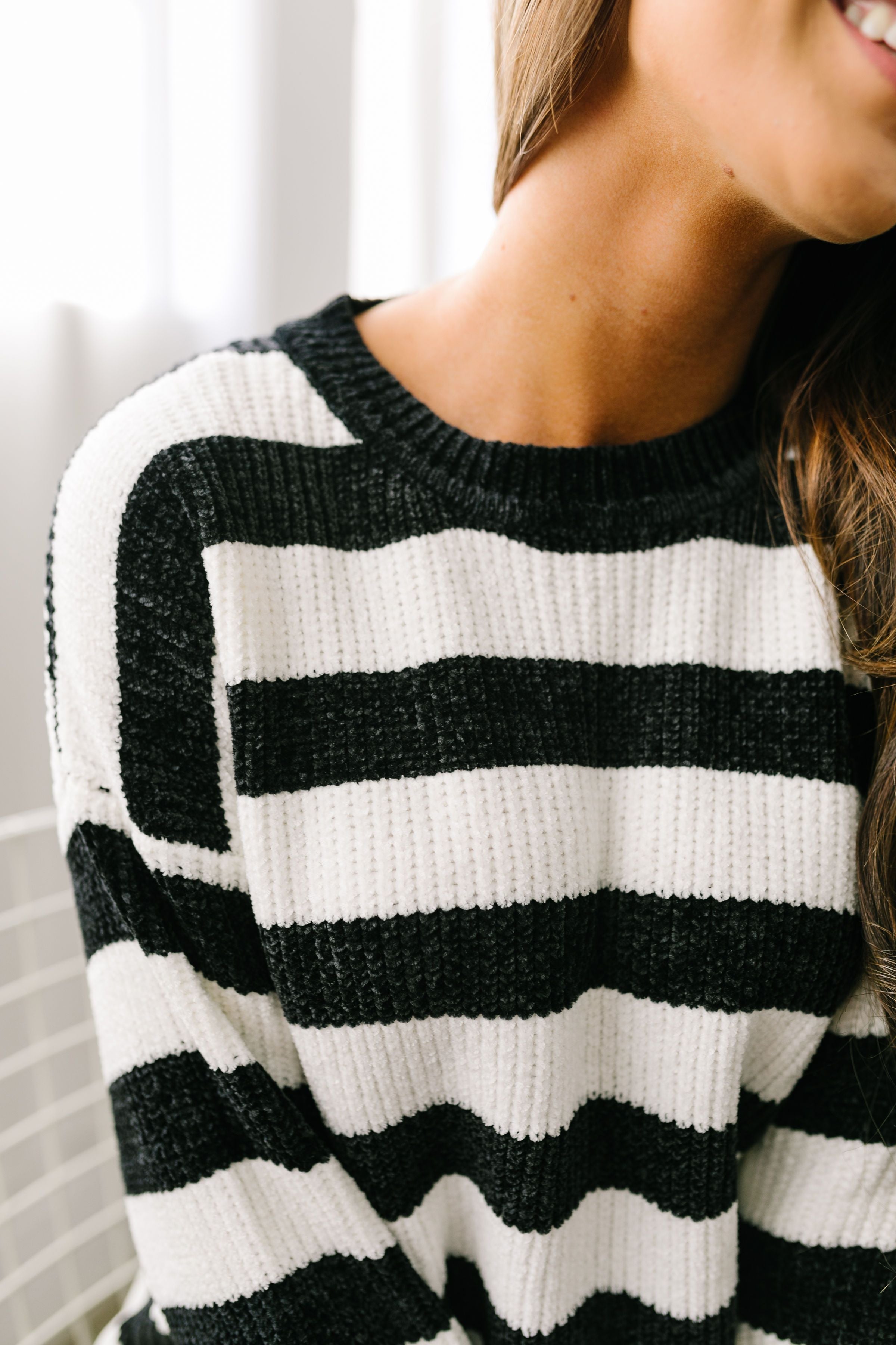 Jailbreak Stripes Chenille Sweater In Black + White - ALL SALES FINAL