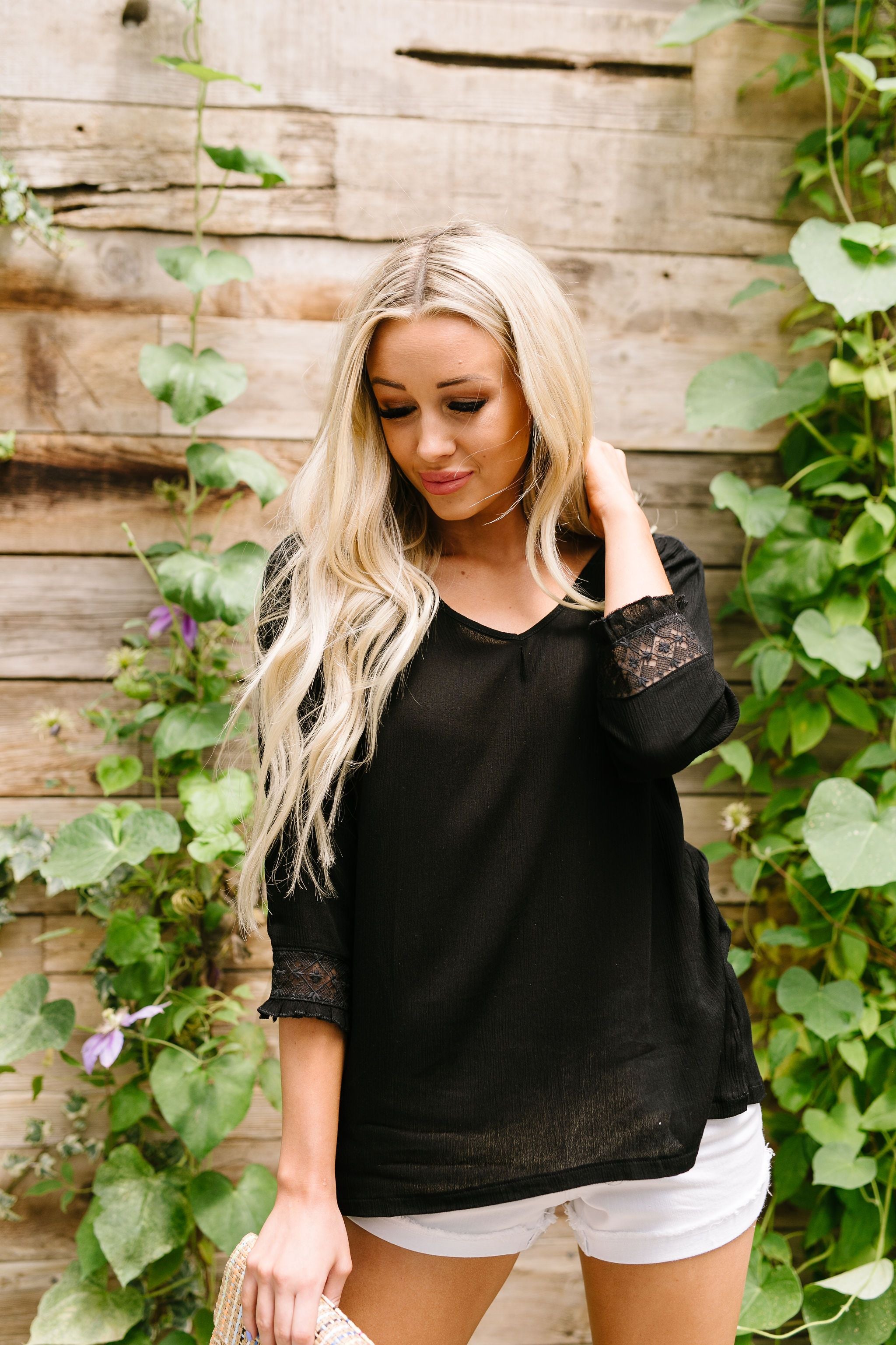 Just In Case Lace Trimmed Blouse In Black