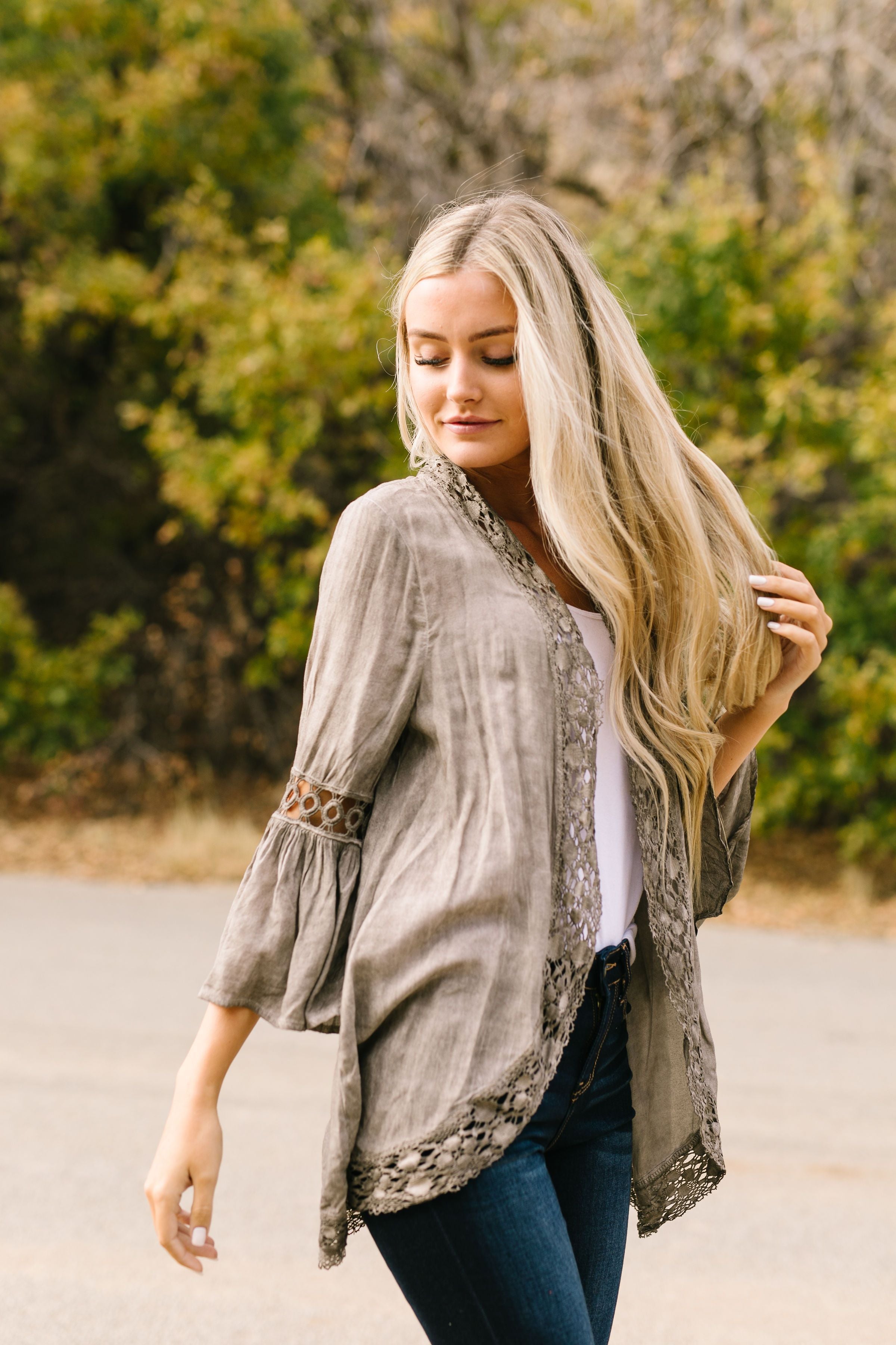 Kimberly Lace Trimmed Kimono In Olive - ALL SALES FINAL