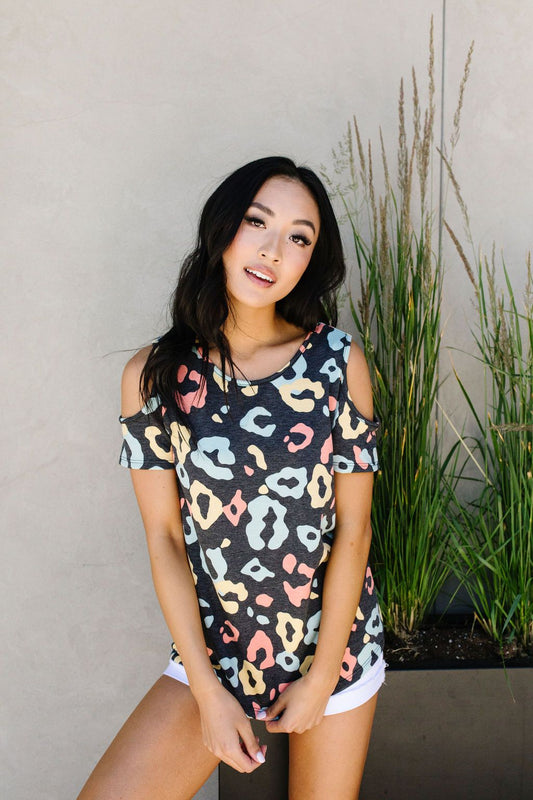 Leopard Kisses Cold Shoulder Top In Charcoal